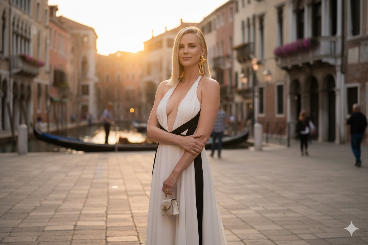 Stylish sporty luxury themed featured image for Charlize Theron biography article