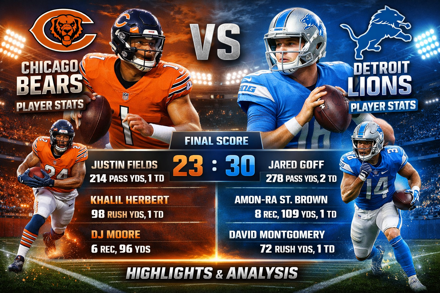 Chicago Bears vs Detroit Lions Match Player Stats