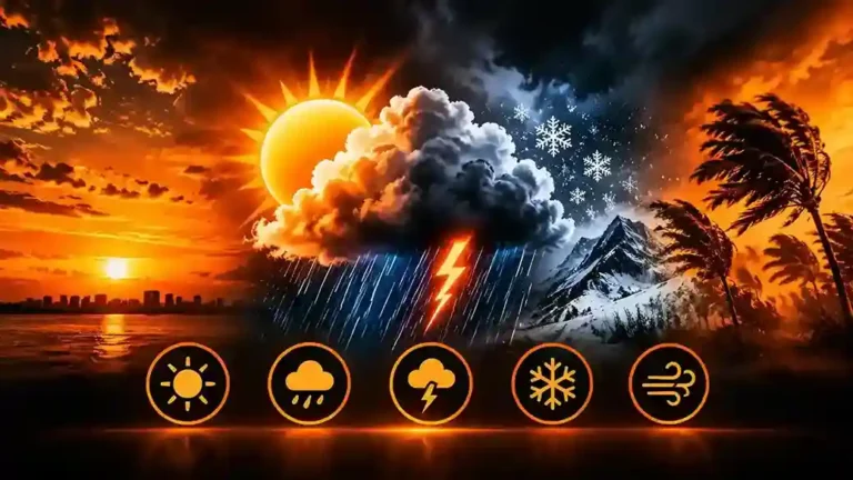 Wetter weather forecast showing sunny, rainy, stormy, snowy and windy conditions