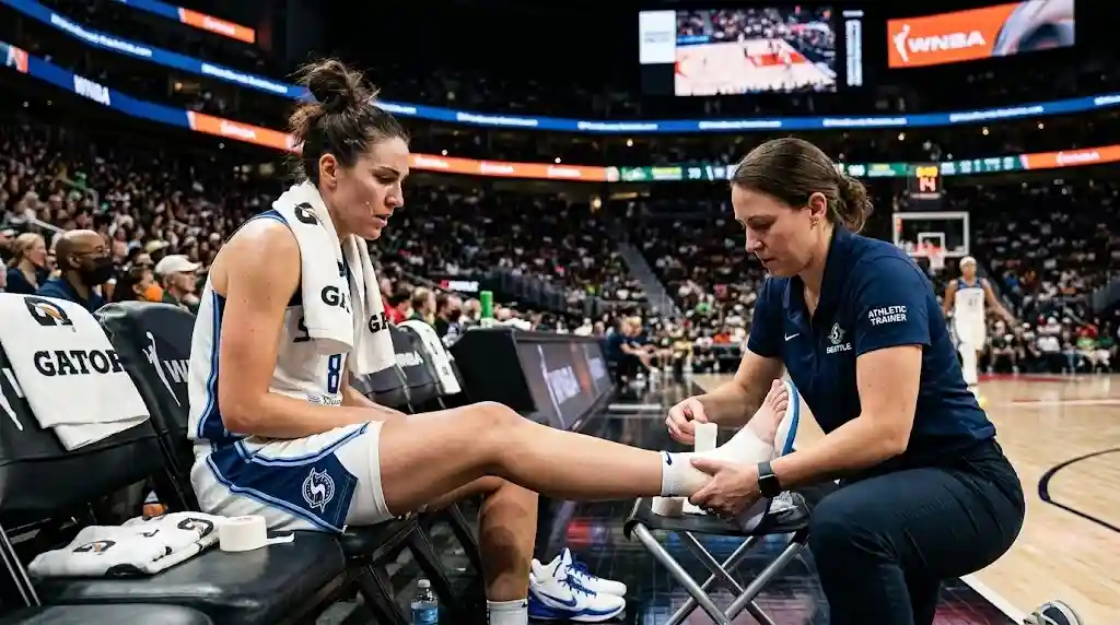 Indiana Fever guard Caitlin Clark receiving athletic tape treatment for a caitlin clark injury on the sideline during a WNBA game.
