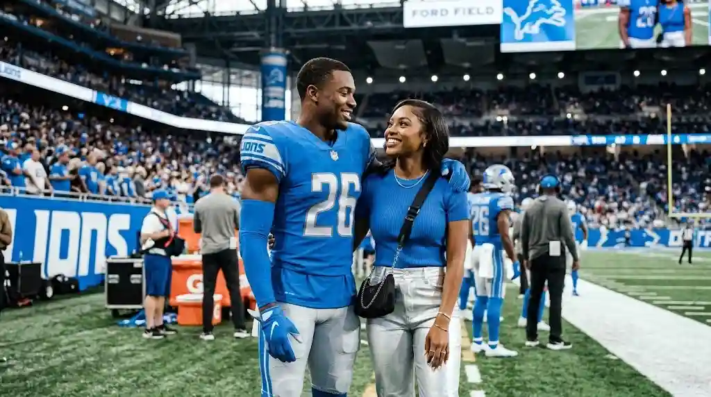 jahmyr gibbs girlfriend nicole anderson standing on detroit lions stadium sidelines