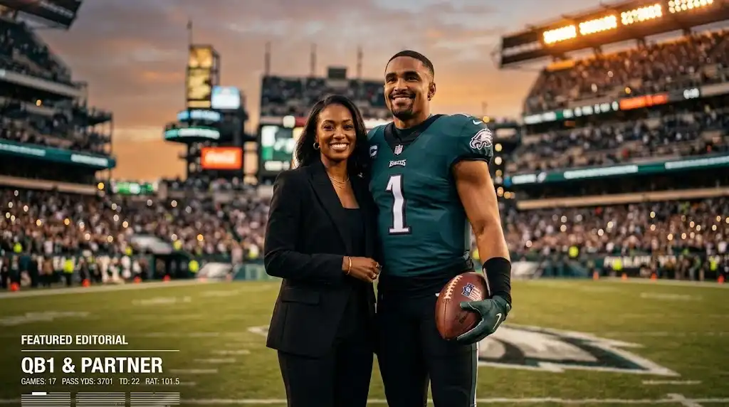 Jalen Hurts wife standing next to her husband on the NFL football field during a golden hour sports lifestyle photo session.
