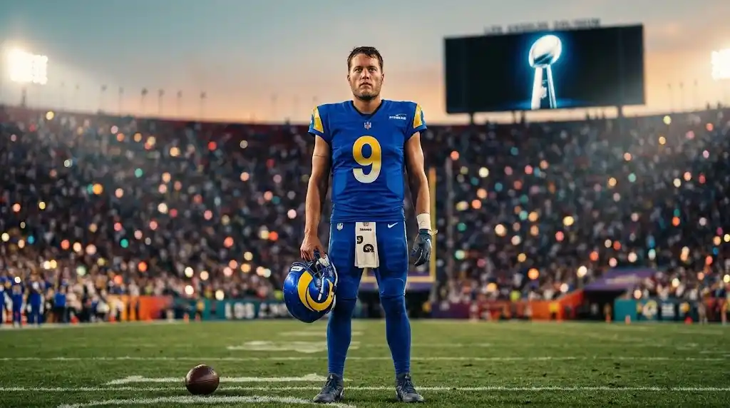 Matthew Stafford standing on the field in a royal blue Los Angeles Rams number 9 jersey holding his helmet with Super Bowl trophy in background