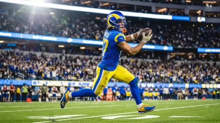 Puka Nacua stats breakdown featuring Los Angeles Rams wide receiver catching a football in action