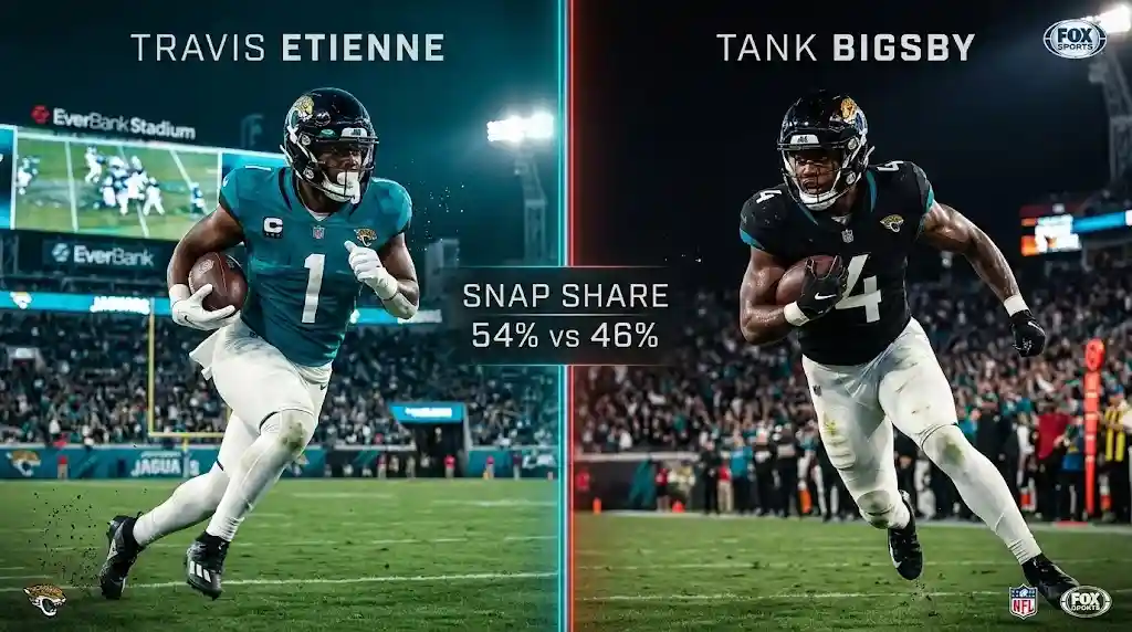 Travis Etienne fantasy running back split screen comparison graphic with Tank Bigsby in Jacksonville Jaguars jerseys