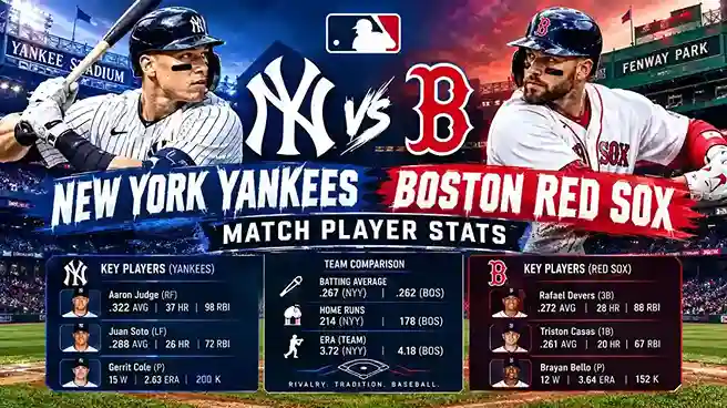 New York Yankees vs Boston Red Sox match player stats graphic featuring baseball players, team logos, and a stadium background.