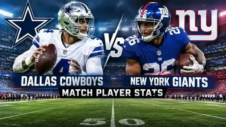Dallas Cowboys vs New York Giants match player stats featuring football players on a realistic stadium field.