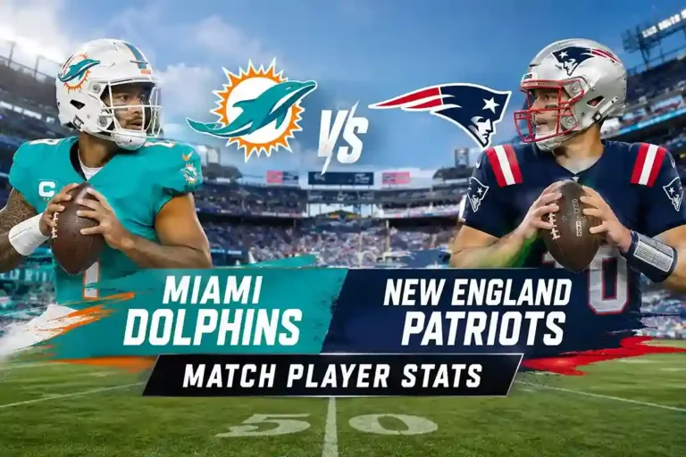 Miami Dolphins vs New England Patriots match player stats featuring both teams on a football field.