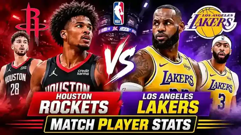 Houston Rockets vs Los Angeles Lakers match player stats featuring NBA players in a dramatic basketball matchup graphic.