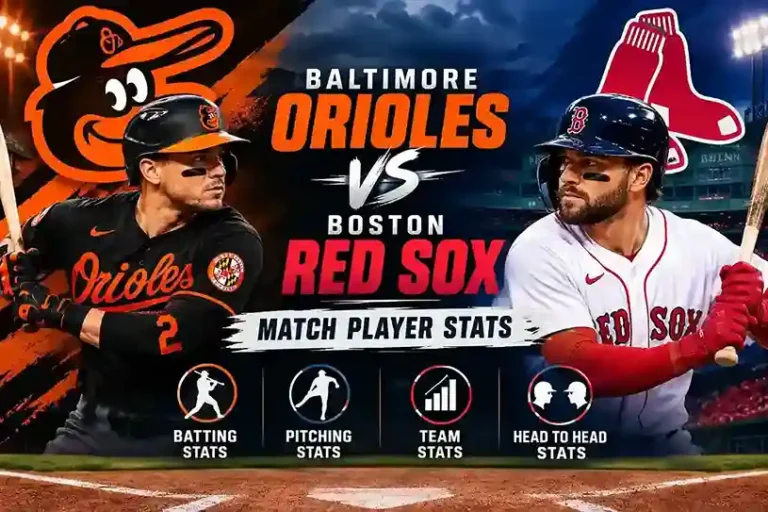 Baltimore Orioles and Boston Red Sox baseball players featured in a match player stats graphic with batting, pitching, team, and head-to-head statistics.