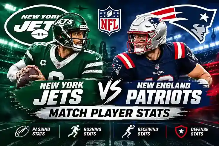 New York Jets vs New England Patriots match player stats featuring both NFL teams, players, and passing, rushing, receiving, and defensive stats.