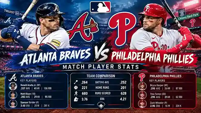 Atlanta Braves vs Philadelphia Phillies match player stats featured image with baseball players, team logos, and a stadium background.