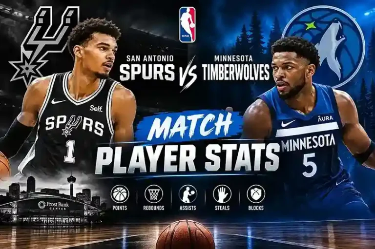 San Antonio Spurs vs Minnesota Timberwolves match player stats feature graphic with basketball players and team logos.